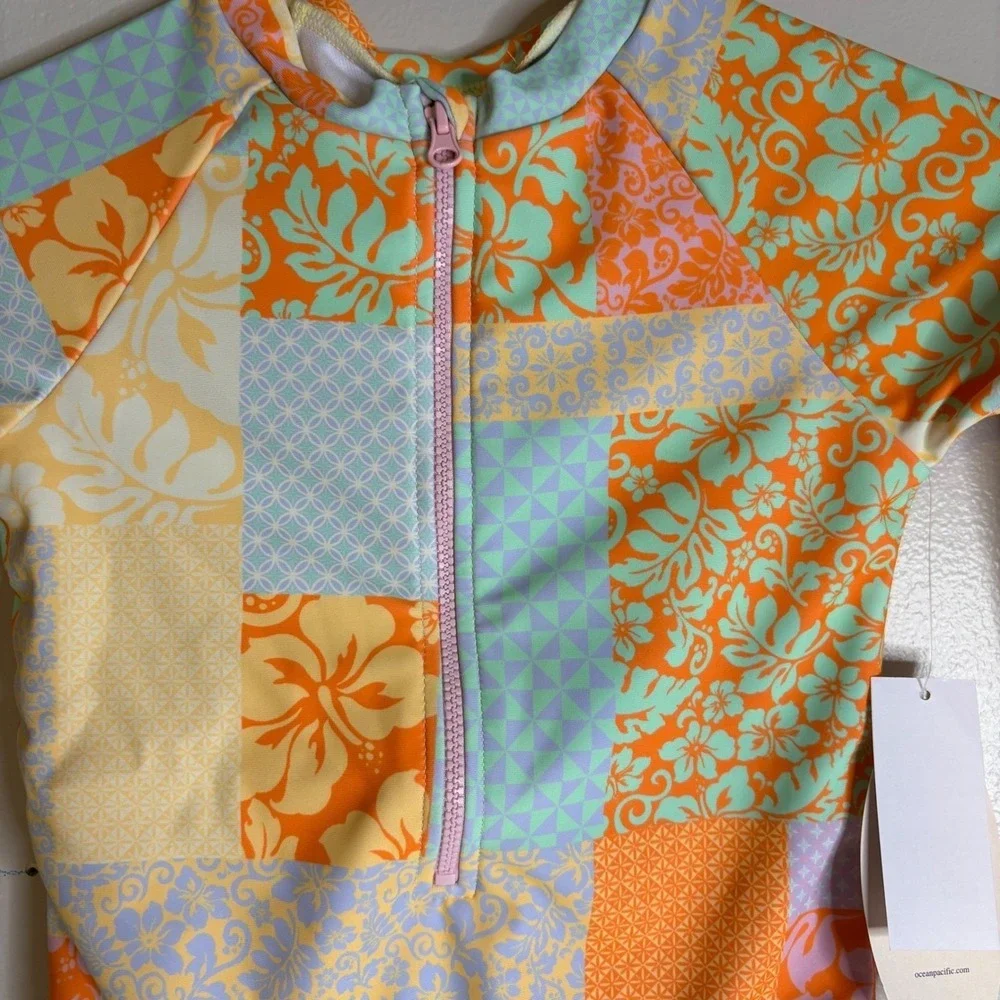 Ocean Pacific Kids Girls Size 6X Orange Patchwork Floral Rash Guard Swimsuit NWT